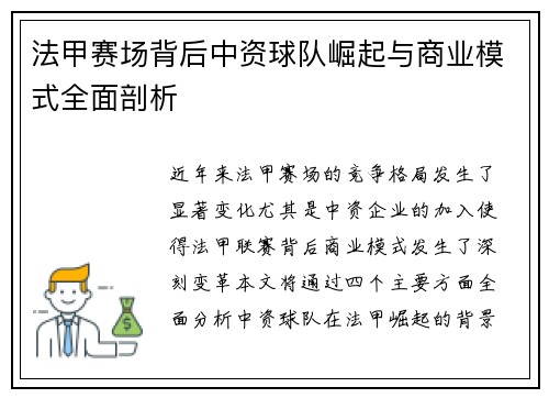 法甲赛场背后中资球队崛起与商业模式全面剖析