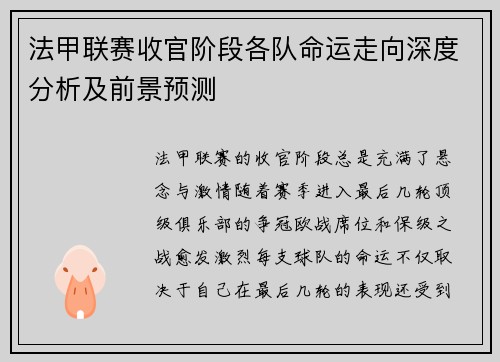 法甲联赛收官阶段各队命运走向深度分析及前景预测