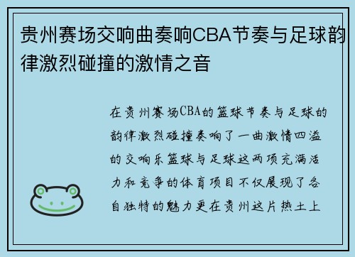 贵州赛场交响曲奏响CBA节奏与足球韵律激烈碰撞的激情之音