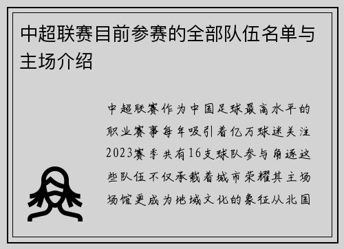 中超联赛目前参赛的全部队伍名单与主场介绍